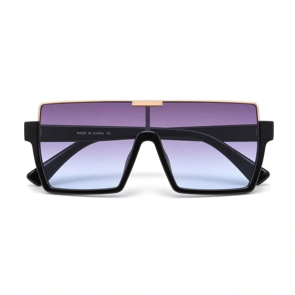 Oversized Square Shield Sunglasses Black Flat Top Blue Gradient Lens Women Fancy